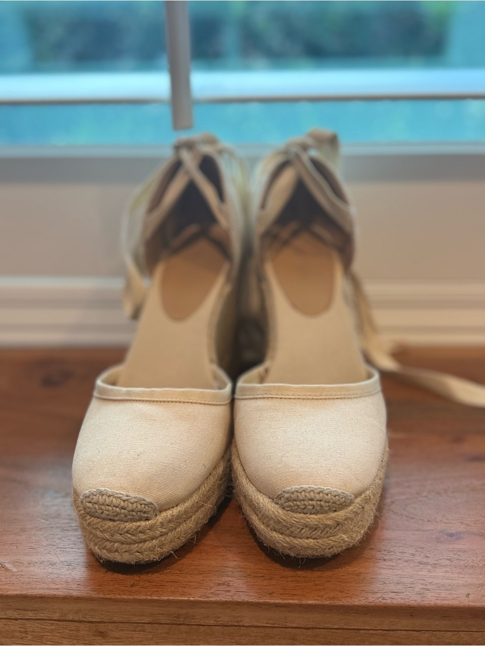 Express Neutral Canvas Espadrille Wedges Lace-Up Size 9